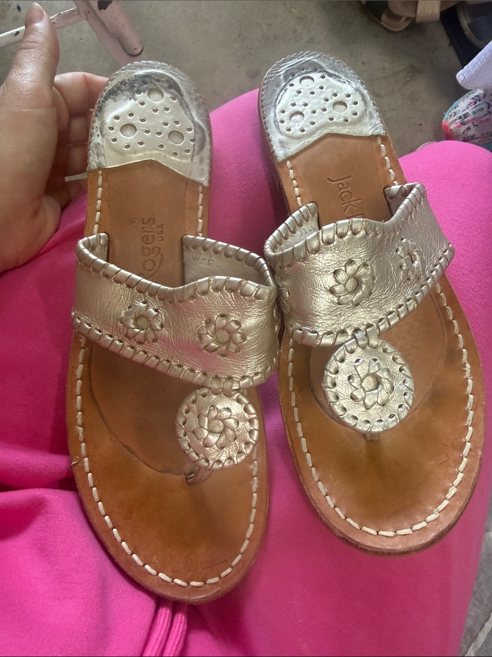 Jack Rogers Metallic Silver Leather Thong Sandals